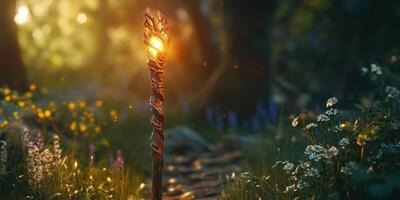 An enchanted staff glows in a magical sunlit forest photo