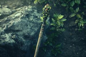 Ornate wooden staff adorned with leaves rests by rock photo