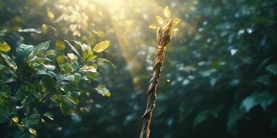 Intricate wooden staff with golden leaves in a sunlit forest photo