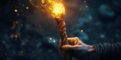 Hand holds a flaming torch in the darkness brightly photo