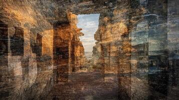 Eroded rock formation reveals ocean view through natural archway photo