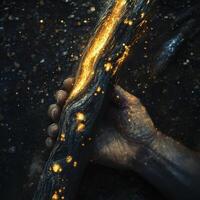 Person holds a dark wooden staff illuminated with golden light photo