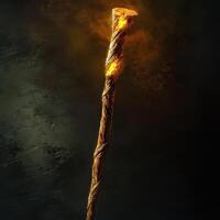 Glowing wooden staff with magical fire light emerging from it photo