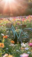 A bicycle is parked in a field of flowers photo