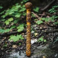 Carved wooden staff with intricate designs displayed in nature photo