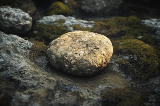 Smooth textured rock resting among mossy stones in nature photo