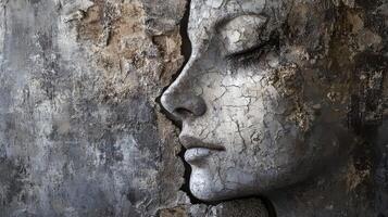 Stone face sculpture with eyes closed and cracked texture photo
