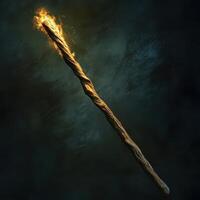 A twisted wooden staff is illuminated with fiery flames photo