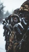 A group of soldiers wearing gas masks photo