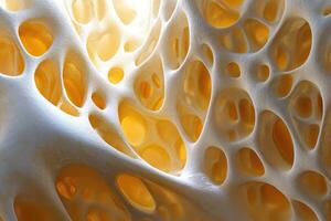 Spongy trabecular bone structure with pores and yellow marrow detail photo