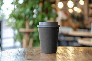 A black coffee cup sitting on a wooden table photo