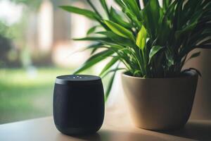 A smart speaker next to a plant photo