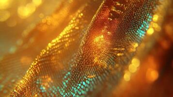 Shiny golden fabric draped with iridescent teal highlights and sparkles photo