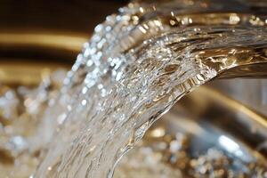 A close up of a water faucet with water flowing photo
