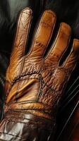 Detailed view of a brown leather glove showing intricate stitching photo