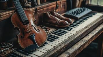 Antique violin and leather boots resting on old piano keys photo