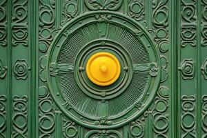A green door with a yellow button on it photo
