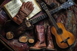 Guitars boots and music create a rustic artistic arrangement photo