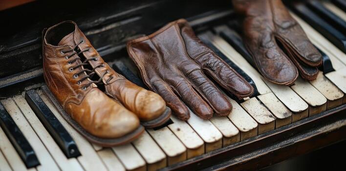 Worn leather boot and gloves resting on piano keys photo