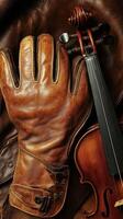 Brown leather glove resting beside a violin on leather hide photo