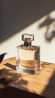 A perfume bottle sitting on a table with the sun shining on it photo