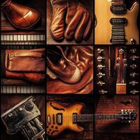 A collage showcases musical instruments and brown leather accessories photo