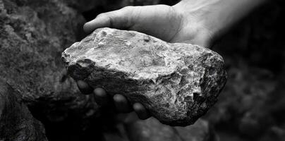 A human hand carefully holds a large grey colored stone photo