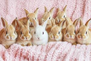 A group of rabbits sitting on a pink blanket photo