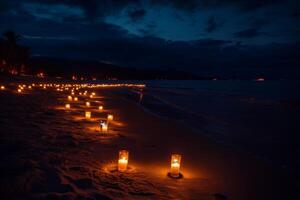Candles on the beach at night photo