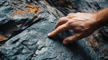 A hand touching the rough textured surface of a dark rock photo