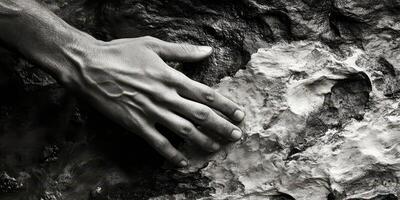 Human hand rests upon a textured rock face in monochrome photo