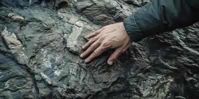 Hand touching wet rock texture explores nature connection and geology photo