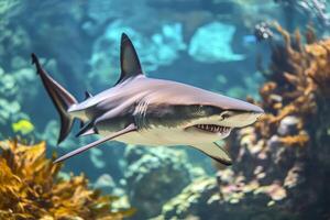A shark swimming in an aquarium with coral photo