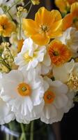 A vase filled with white and yellow flowers photo