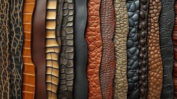 Assorted reptile and animal leather texture samples are presented closely photo