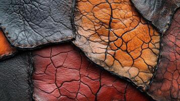 Textured leather patches in earthy tones stitched together carefully photo