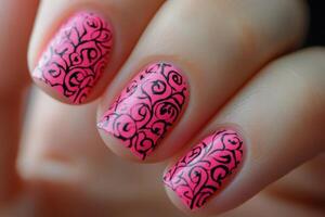 Pink nail polish with black and white designs photo