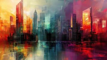 Abstract cityscape reflecting vibrant colors in imagined waterscape photo