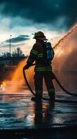A firefighter is spraying water on a road photo