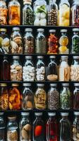 Many jars of different types of food are on display photo