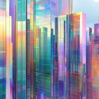 Iridescent glass skyscrapers reflect a vibrant sky with clouds photo