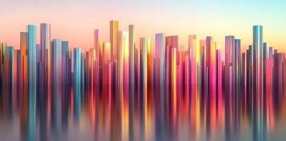 Abstract cityscape with colorful vertical structures and reflections below photo