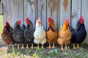 A group of chickens standing next to a wooden fence photo
