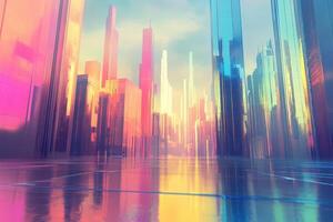 Abstract cityscape with reflective surfaces and vibrant color gradients photo