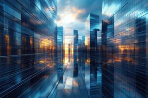 Futuristic city skyline with towering glass buildings reflects sunset photo