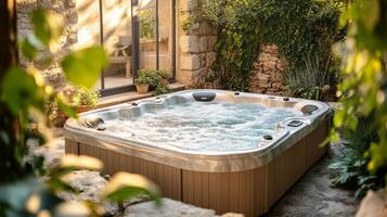 A hot tub in a garden with plants and trees photo