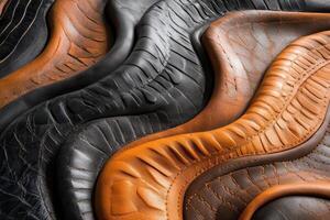 Waves of textured black and brown leather in detailed close up photo