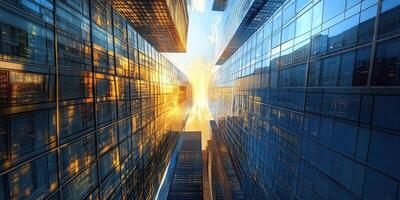 Skyscrapers rise against the sky showing the reflections of sunlight photo