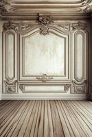 An empty room with a wooden floor and white walls photo