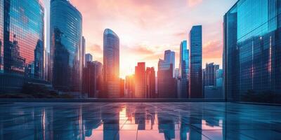 Cityscape at sunset with reflections on wet pavement tiles photo